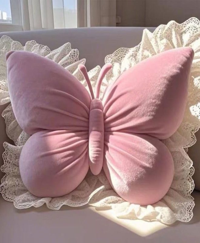 Butterfly Shaped Throw Pillow Lace Trim Plush Decorative Cushion