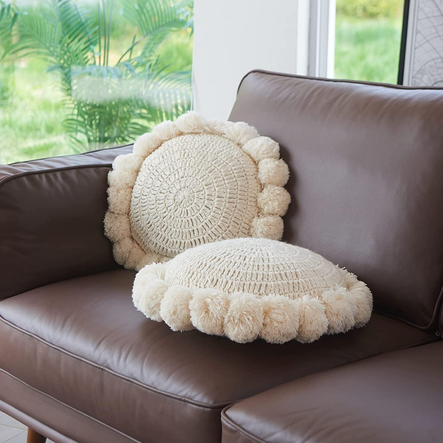 Round Knitted Throw Pillow Boho Tassel Decorative Cushion - Image 5