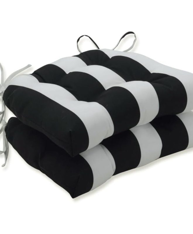 Striped Indoor Outdoor Chair Cushions with Ties, Reversible Tufted Seat Pads