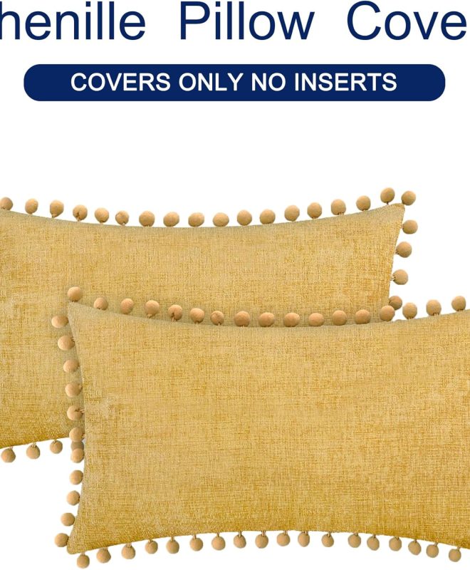Chenille Throw Pillow Covers Soft Decorative Cushion Covers with Pom Poms