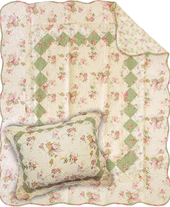 Cotton Patchwork Quilted Throw Blanket with Matching Pillow Cover