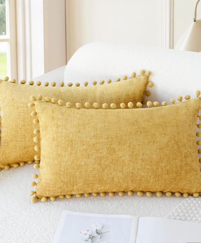 Chenille Throw Pillow Covers Soft Decorative Cushion Covers with Pom Poms
