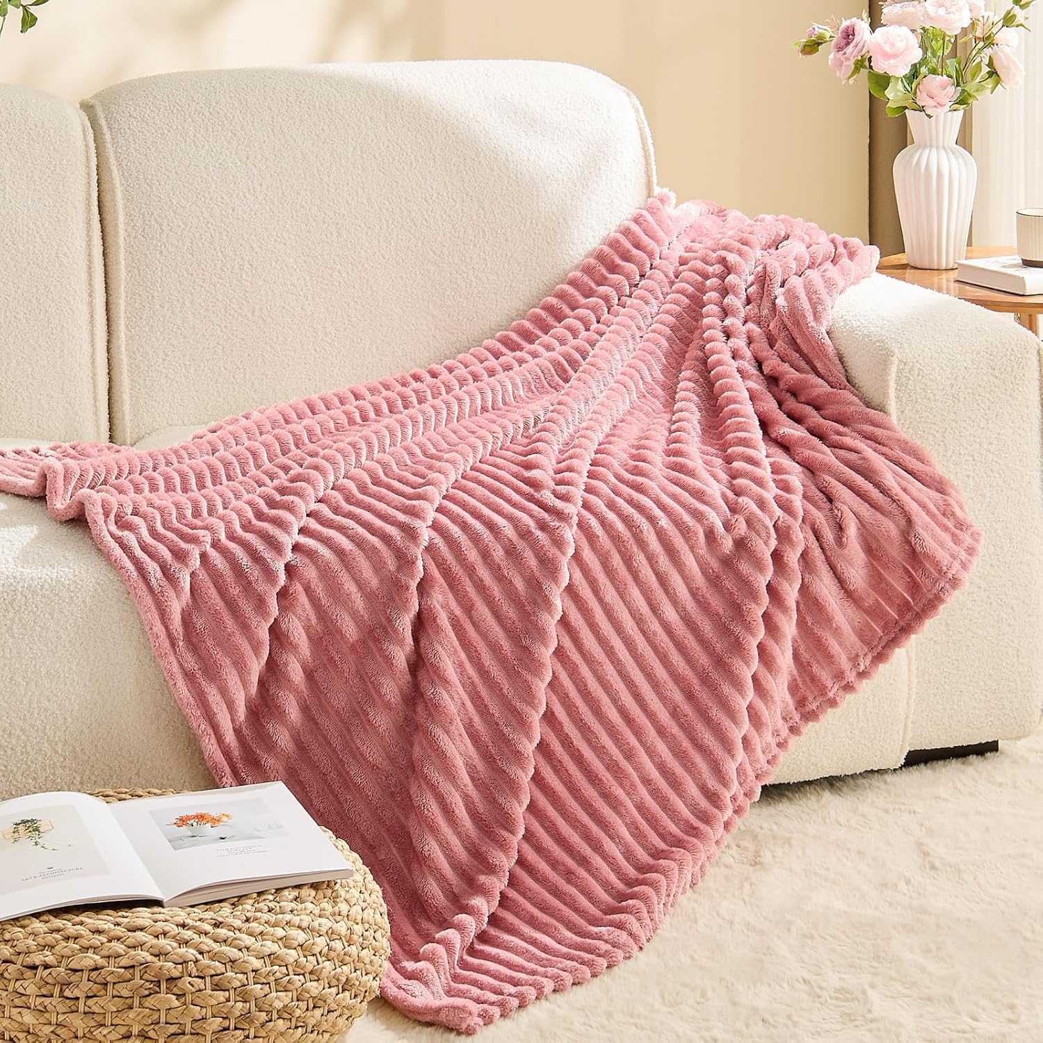 Ribbed Jacquard Fleece Throw Blanket Soft Warm Decorative Blanket - Image 8