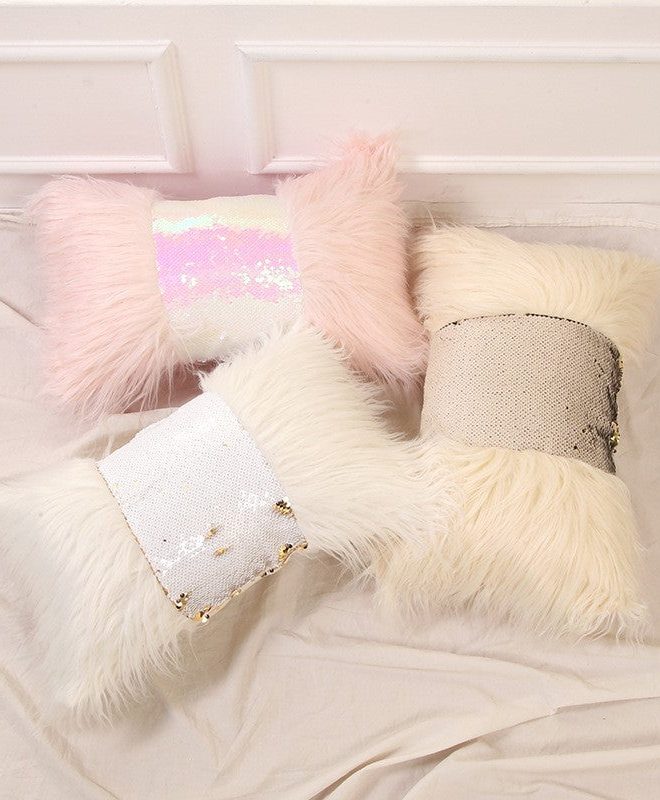 Nordic Solid Color Long Hair Splicing Sequin Cushion