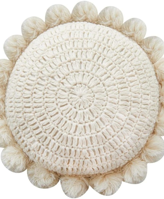 Round Knitted Throw Pillow Boho Tassel Decorative Cushion