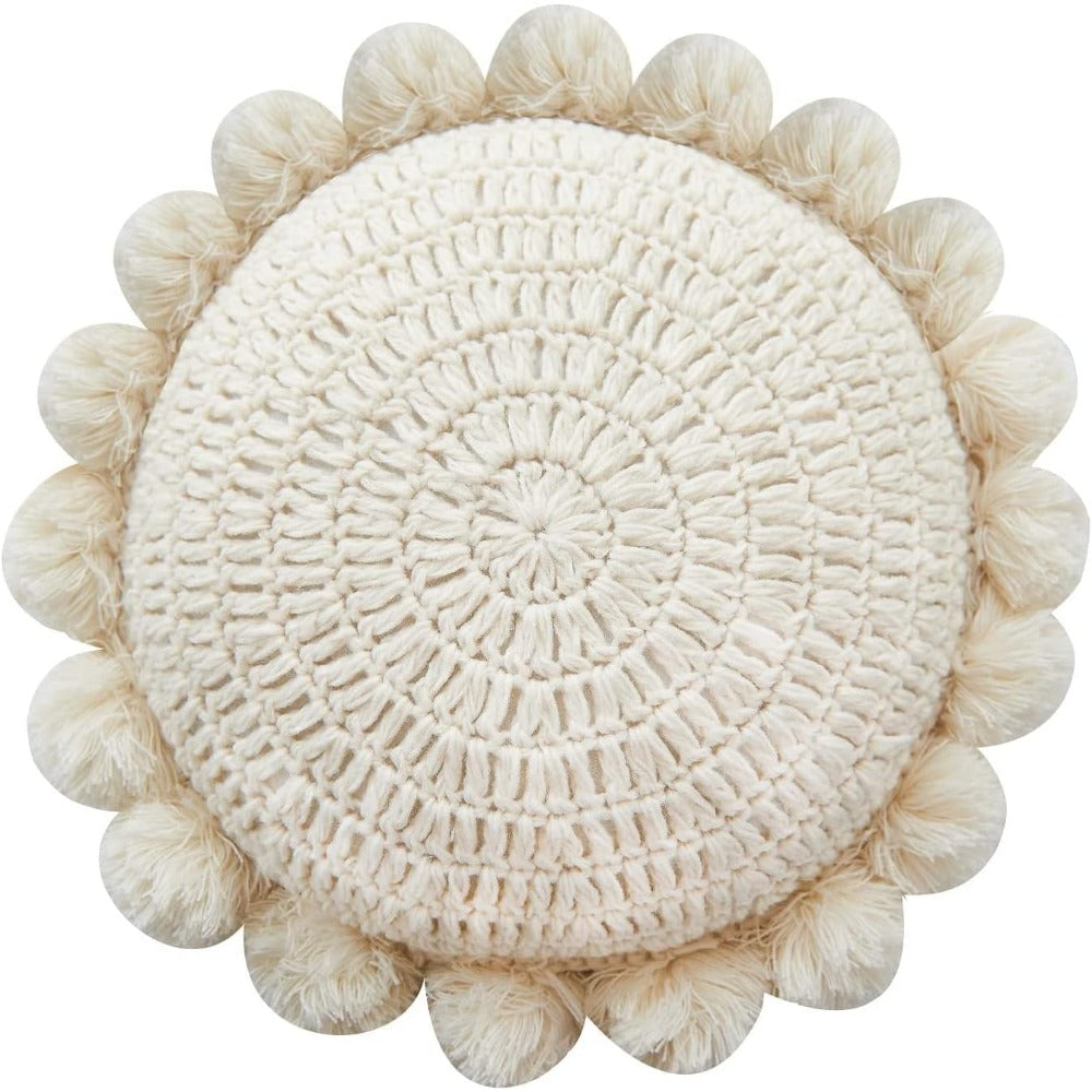 Round Knitted Throw Pillow Boho Tassel Decorative Cushion